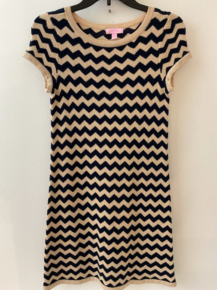 Lilly Pulitzer Womens Small Santana Dress True Navy Chevron Dazzle Strip Knit Mi - Image 1 of 1
