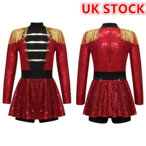 Kid's Girl's Circus Ringmaster Costume Shiny Sequin Tassel Leotard Dress Cosplay - Picture 1 of 10