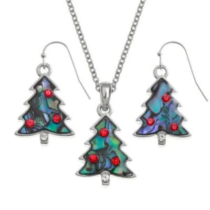 Gezeitenschmuck Intarsien blau Paua Muschel Weihnachtsbaum Design Anhänger und Ohrring  - Bild 1 von 2