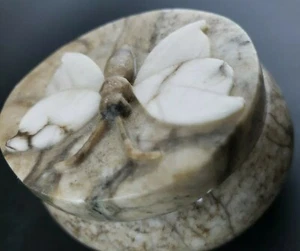 Vintage Hand Made Oval Marble Trinket Box 2D Butterfly W/ Fitted Lid - Picture 1 of 10