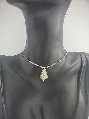 Vintage Necklace Drusy Pendant Gray White Silver Tone Jewelry Costume - Image 1 of 4