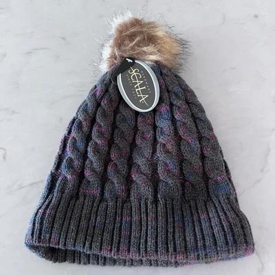 Gorro tejido hecho a mano Scala sombrero de invierno piel sintética pompón gris multicolor para mujer Foto 1 de 4