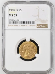 1909 D Gold Half Eagles 5 $ Indian Head NGC MS-63 - Bild 1 von 2