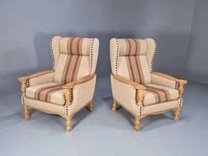 Vintage Wingback Chairs Henning Kjaernulf Oak Beige Orange Striped EB9923 VCLO - Picture 1 of 19