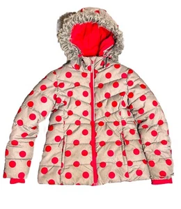 Cappotto Falls Creek grigio e rosa grandi pois bambina taglia M pelliccia sintetica cappuccio orlo - Foto 1 di 11