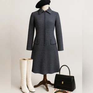 Vintage Leslie Fay Strick Mod Streifen Kleid Navy Creme Langarm versteckte Knopfleiste - Bild 1 von 8