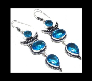 NEW - UNIQUE BLUE TOPAZ ANTIQUE SILVER MOON DANGLE DROP HOOK EARRINGS - Picture 1 of 3
