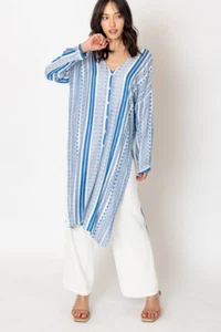 En Creme V-Neck Button-Down Striped Tunic Top in Royal Blue - Picture 1 of 9