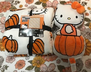 Hello Kitty Fall Pumpkin Plush Blanket Full/Queen and 18” Inch Pillow NWT Bundle - Picture 1 of 2