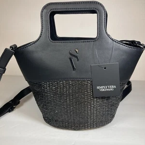 Simply Vera Wang Black Vegan Leather And Straw Top Handle Crossbody New W Tag - Picture 1 of 11