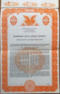 Certificado de Bonos 1954 del Condado de Mahoning, OH SPECIMEN: Distrito Escolar Boardman - Imagen 1 de 1
