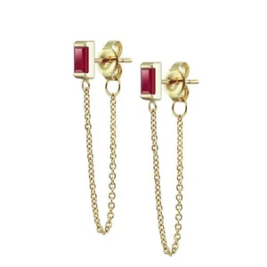 Natural Baguette Ruby Stud Chain Earrings 14k Yellow, Rose & White Gold Jewelry - Picture 1 of 4