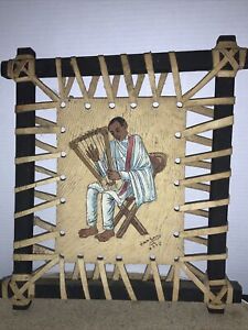 African Art Black Man Oil Painting on Hide 8X10 Depicting Playing Instrument