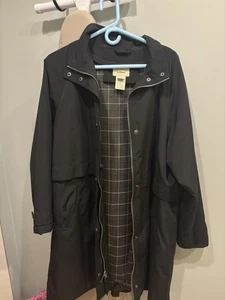 Vintage LL Bean Jacket Womens XL Black Trench Coat Wool Plaid Liner - Picture 1 of 12
