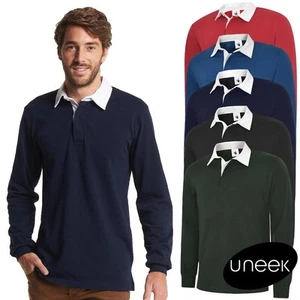 UNEEK Classic Rugby Shirt Unisex Plain Long Sleeve Work Cotton Polo Top UC402 - Picture 1 of 11