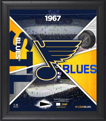 Saint Louis Blues Framed 15" x 17" Team Impact Collage with a Piece of GU Puck Cover