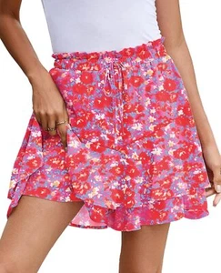 Womens Ruffle Floral Skorts High Waist Summer Chiffon Flowy Mini Shorts S to XXL - Picture 1 of 50
