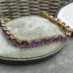 AMETHYST GEMSTONE TENNIS BRACELET STERLING SILVER GOLD OVERLAY 21CM 20 AP CARAT - Picture 1 of 7