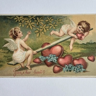 Antique Embossed Postcard Love Valentine Angel Cherub Seesaw Hearts Adorable - Image 1 of 4