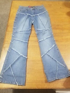 Vintage Younique Blue Denim Jeans Ladies Size 11 Patchwork Flared Bottoms - Picture 1 of 4