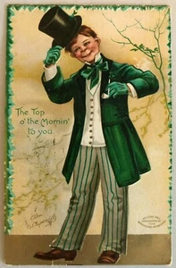 St Patrick's Ellen Clapsaddle Top of the Mornin' to You Green Embossed Postcard - Picture 1 of 9