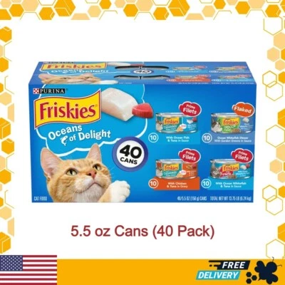 40 CANS Purina Friskies Ocean Of Delight Wet Cat Food Variety Pack, 5.5 oz Cans