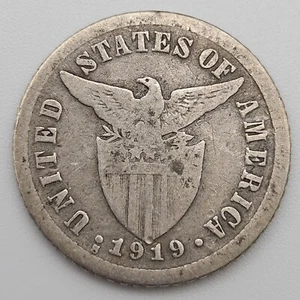 1919-S 10 Centavos Fine Philippines US San Francisco Mint  Silver Coin Ten USA - Picture 1 of 2