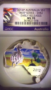2012-P Australia MAP SHAPED COIN, EMU 1 oz $1 Silver Coin NGC MS70 ER - Picture 1 of 5