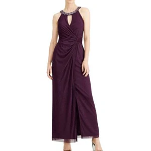 JESSICA HOWARD Women's Wine Twisted Glitter Mesh Beaded-neck Gown Dress 6 TEDO - Picture 1 of 2