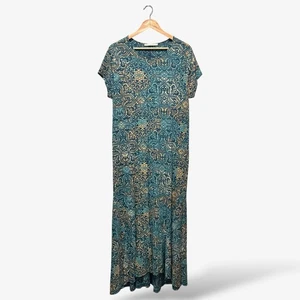Peruvian Connection Maxi Dress Blue Tan Print High Low Hem Short Sleeve Size XL - Picture 1 of 7