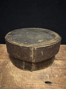 Antique Pantry Box Handsewn Round Wood Old Black Paint Primitive 7” Diameter - Picture 1 of 15