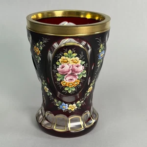 Antique Bohemian Cut Glass Ruby Hand Painted Goblet - Picture 1 of 6