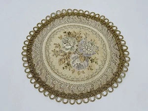 Vtg Round Tapestry Doily 9.25" White Flower Gold Germany Padded Dollhouse Rug - Picture 1 of 4