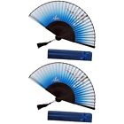  Folding Fan Set Japanese Style Classic Black Blue Face Plum Blossom Bamboo