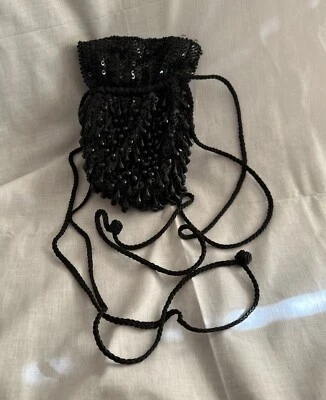 Vtg Lacome Black Beaded And Sequined Drawstring Party Handbag  - Image 1 of 4