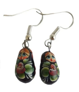 Earrings Black - Russian Nesting dolls stacking dolls Hand painted By Simonova - Picture 1 of 1