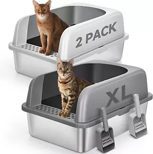 2-Pack Stainless Steel Cat Litter Box, XL High-Sided, Non-Sticky, Scoop Included - Picture 1 of 7