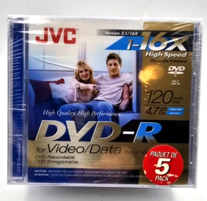 JVC 5-Pack 16x high speed DVD-R recordable DVD's 120 min, 4.7 GB factory sealed  - Picture 1 of 2
