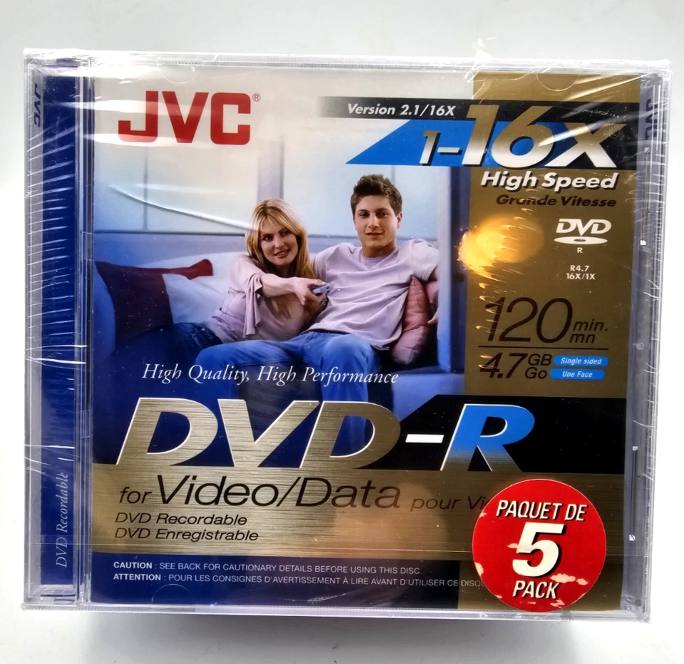 JVC 5-Pack 16x high speed DVD-R recordable DVD's 120 min, 4.7 GB factory sealed  - Image 1 of 2