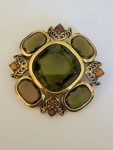 LARGE VINTAGE ART GLASS YELLOW & GREEN GIVRE GLASS RHINESTONE BROOCH PENDANT - Picture 1 of 12
