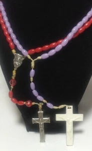 Vintage Catholic Christian Rosaries Plastic Beads 1 Red w/ Medal and 1 Lilac  - Picture 1 of 8