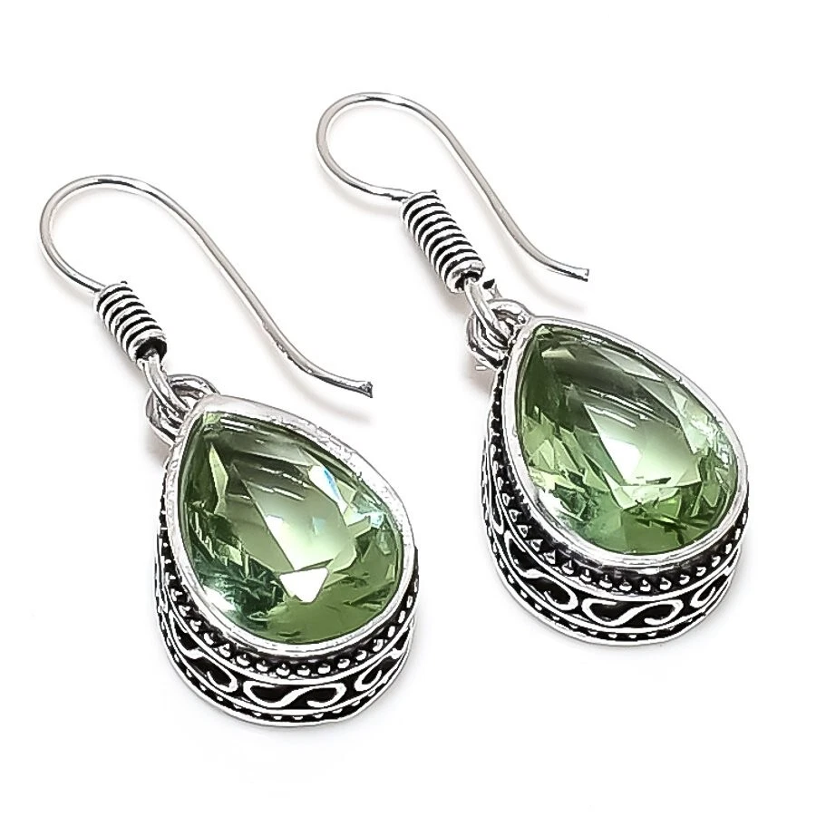 Green Amethyst Gemstone Handmade 925 Sterling silver Earring Size 1.4'' - Image 1 of 1