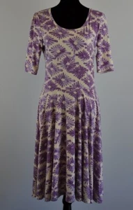 Lularoe Womens L Beige W Purple Flowers Short Sleeve Fit & Flare Knit Dress - Picture 1 of 6