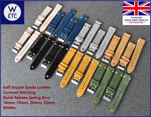 SOFT Suede Leather Watch Strap, Contrast Stitch, QR, 18mm 19mm 20mm 22mm - Picture 1 of 19