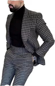 Traje Para Hombre Gris Oscuro Pata de Gallo Cuadros Ocio Baile de graduación Novio Esmoquin Boda 2 Piezas - Imagen 1 de 8