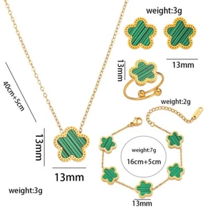 18KGold Plated Synthetic Malachite Clover Jewellery Set - Picture 1 of 1
