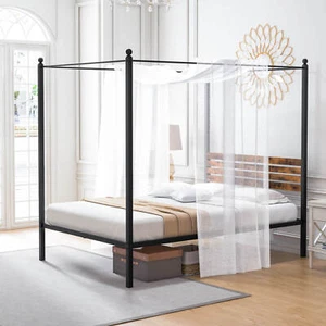 Full Size Canopy Bed Frame 4-Poster Platform Bed Frame w/ Industrial Headboard - Picture 1 of 12
