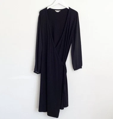 Boden wrap midi dress 18L black jersey plus sheer long blouson sleeves v neck - Image 1 of 4