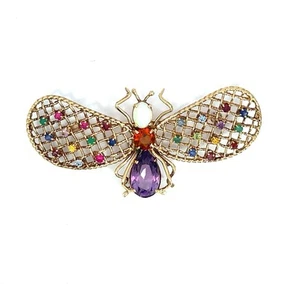 Broche prendedor vintage de oro amarillo de 14k grande de piedra preciosa multicolor insecto volador - Imagen 1 de 9