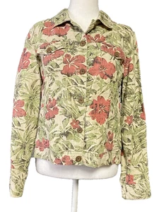 Charter Club Button Front Shirt Womens Medium Beige Green Red Floral 100% Linen - Picture 1 of 11